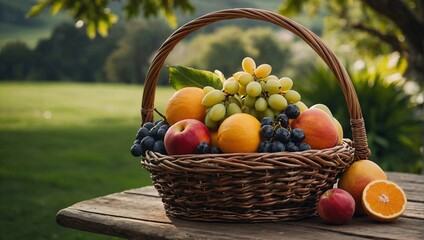 Gorgeously crafted fresh fruit basket displayed in an outdoor setting surrounded by natural beauty