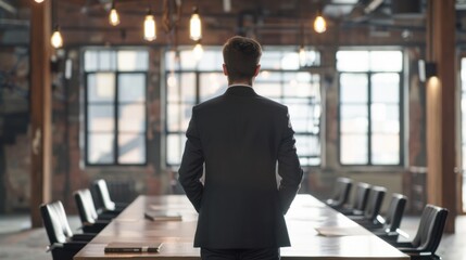 A young businessman standing alone in front of table at the office rear view. AI generated