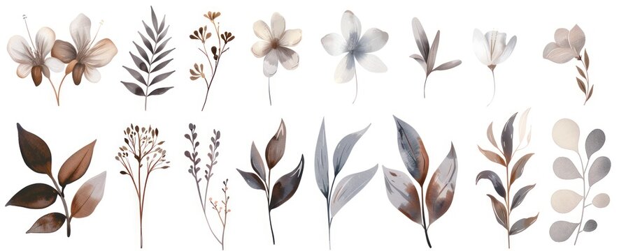 Set of watercolor style of tropical flower and leaves in earthy tones. AI generated image