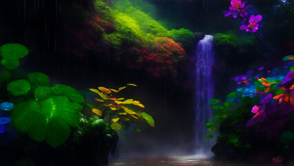waterfall in the rain forest, tropic landscape with mountains, trees, flowers, lake, fantasy paradise, wall art and wallpaper