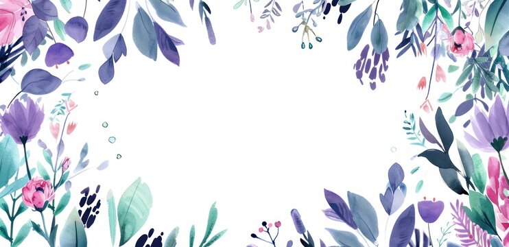 Beautiful violet floral frame watercolor copy space white background. AI generated