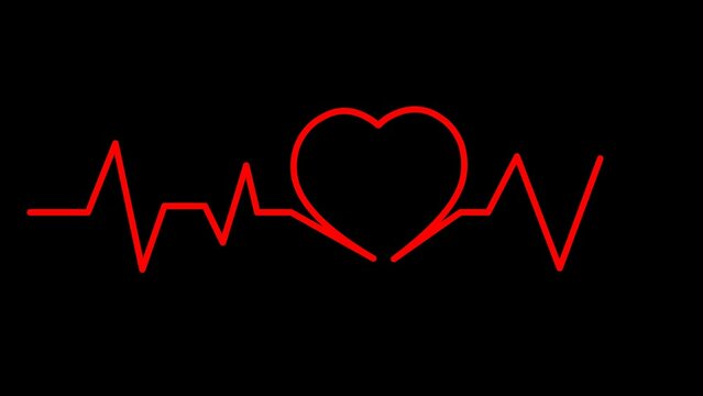 video animation red electrocardiogram heartbeat and heart shape, on a transparent background with zero alpha channel