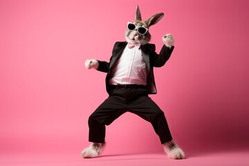Fototapeta na wymiar Cool Easter Bunny in a Suit and Sunglasses Dancing on a Pink Background
