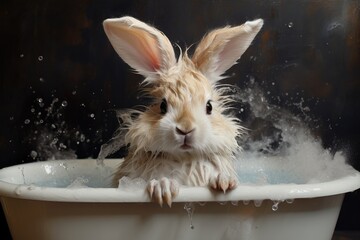 Cute Easter Bunny Taking a Bath - obrazy, fototapety, plakaty