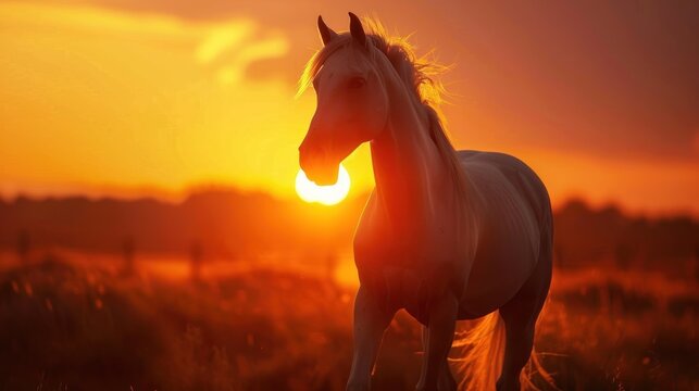 Animal photography horse with natural background in the sunset view, AI generated image