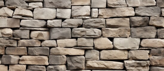 A stone wall constructed from small rocks and stones serves as a background fence and paving in this image. The rocks are carefully arranged to create a sturdy and functional structure.