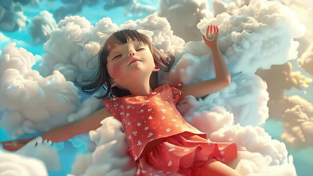 3D cartoon of a girl sleeping in the clouds in the sky in summer.