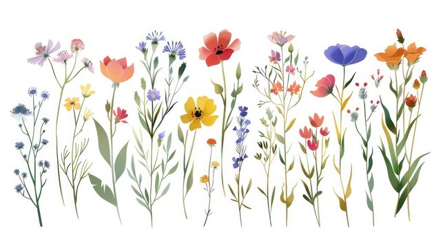 Watercolor style of botanical spring summer wildflower set collection. AI generated image