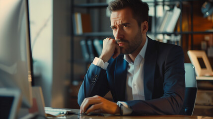Stressed or Concerned Professional Man in Suit at Work - obrazy, fototapety, plakaty