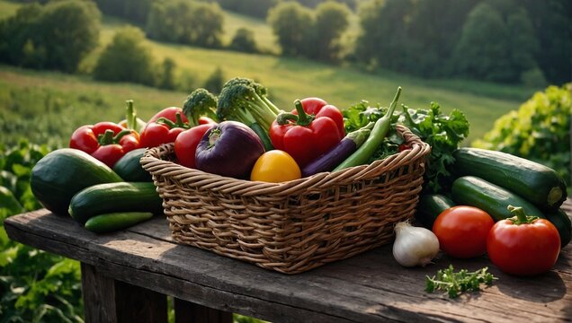 A gorgeously prepared basket of fresh vegetables displayed in an outdoor setting surrounded by natural beauty
