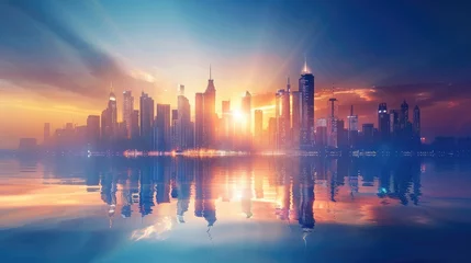 Photo sur Plexiglas Etats Unis Picture of modern skyscrapers of a smart city Futuristic financial district with buildings and reflections Blue background for corporate and business templates