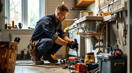 Plumber or maintenance worker crouched down, inspecting or repairing a kitchen sink - obrazy, fototapety, plakaty