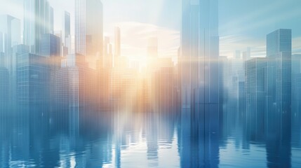 Picture of modern skyscrapers of a smart city Futuristic financial district with buildings and reflections Blue background for corporate and business templates - obrazy, fototapety, plakaty