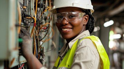 A professional female electrician is smiling while working on a complex electrical panel