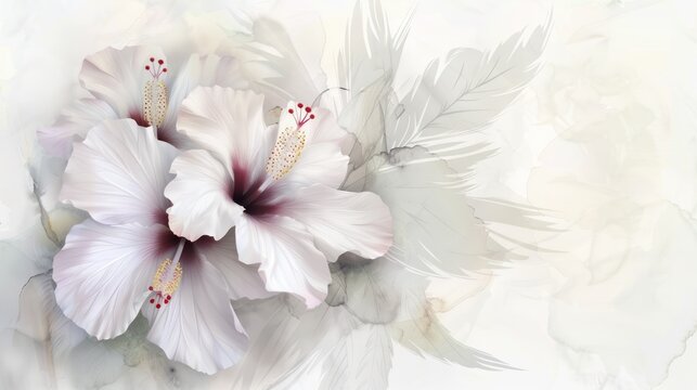 White hibiscus flower watercolor style floral background. AI generated image