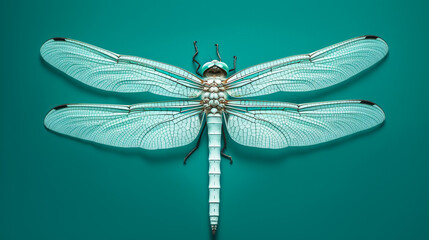 An arthropod insect, the dragonfly, perched on an electric blue surface