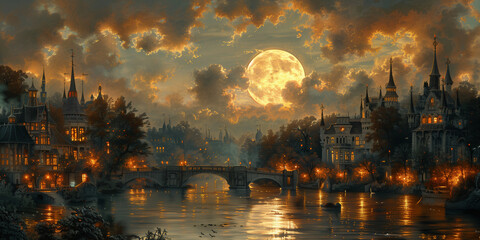 sunset over the river, romanticism art style  - obrazy, fototapety, plakaty