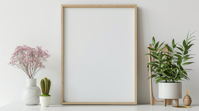 Poster frame mockup, front view, with decor elements, flowers and blank copy space on white background. Generative AI