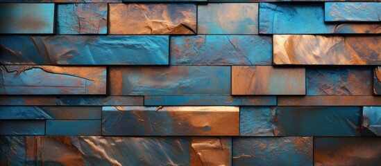 A detailed view of a textured blue and brown abstract art wall made of steel materials. The colors blend in a unique pattern, adding depth to the background.