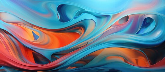 This abstract painting features vibrant shades of blue, orange, and red created using airbrush...