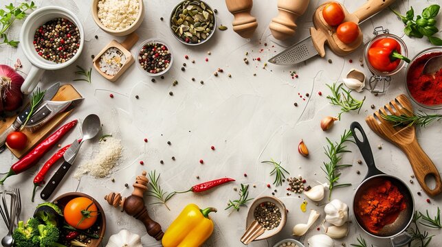 The vegetarian and vegan food recipes banner showcases a variety of kitchenware, utensils, and chopped vegetables, with ample copyspace at the center for text or additional elements. 