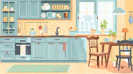 This flat style vector illustration showcases a cozy kitchen interior complete with essential furniture and dishes. At the center of the room, a table is set