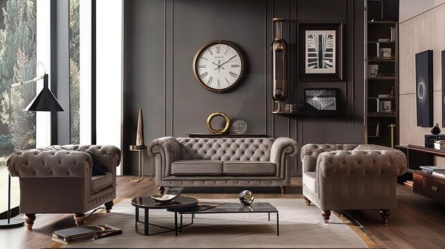 A modern living room is depicted, featuring a stylish sofa and contemporary furniture arrangements. This space is designed to exude comfort, functionality