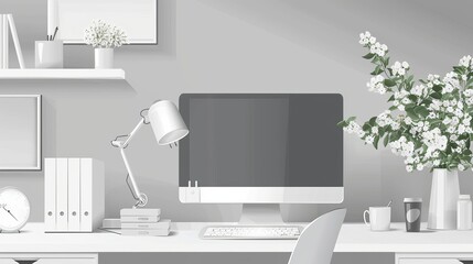 A vector illustration depicts a study room adorned in serene white and gray tones, featuring a computer and a vase of flowers. This tranquil setting provides an ideal environment for focused learning 