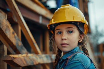 A young girl wearing a yellow hard hat. She is looking at the camera. Concept of international workers' day