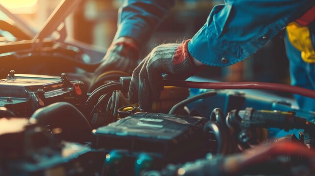 The act of checking a car battery is captured, focusing on automotive care and maintenance
