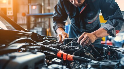 The detailed process of a male mechanic changing a car battery underscores the technical skill and necessity of vehicle upkeep - obrazy, fototapety, plakaty
