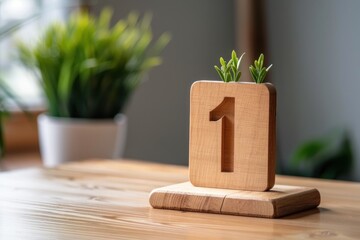 A wooden box with a number one on it sits on a wooden table. The box is decorated with plants and has a green and white background