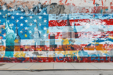 a vibrant street art mural that incorporates elements of the American flag with iconic New York City landmarks