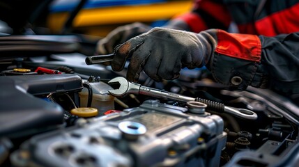 The detailed service of fitting a car battery with a wrench is depicted, emphasizing meticulous automotive care - obrazy, fototapety, plakaty