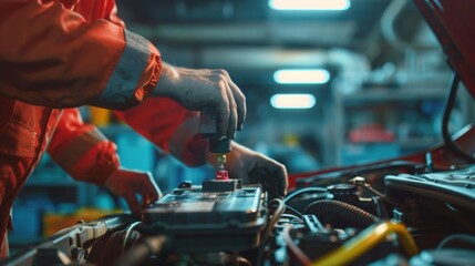 The diligent task of a car mechanic replacing a battery highlights the importance of maintenance - obrazy, fototapety, plakaty