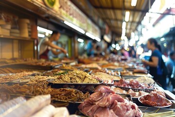 A lively market scene focusing on assorted meats displayed at a vendor's stall.