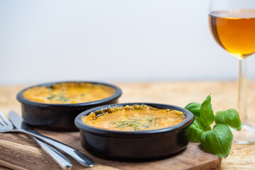 Scampi pan in curry sauce, Scampi baked in curry sauce, dish with shrimps on marble background, food photo