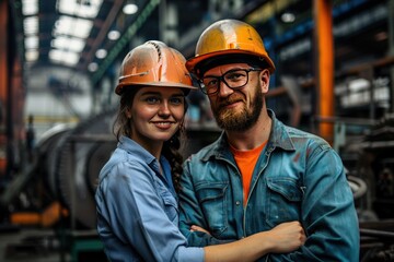 A man and a woman are posing for a picture in a factory. The man is wearing a hard hat and the woman is wearing a hard hat and a blue shirt. Concept of international workers' day