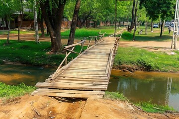 Fototapeta premium A rickety wooden bridge over a small creek, evoking a sense of rural simplicity.