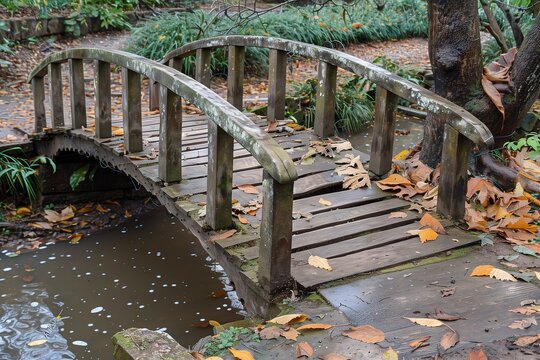 A weathered wooden bridge over a tranquil pond, surrounded by fallen autumn leaves.