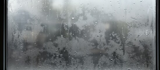 A black and white scene showing rain droplets streaking down a plastic frame window, creating a pattern of lines across the glass surface.