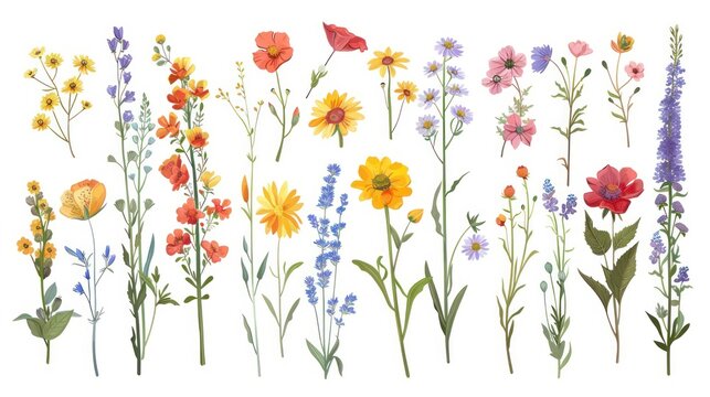 Watercolor style of botanical spring summer wildflower set collection. AI generated image