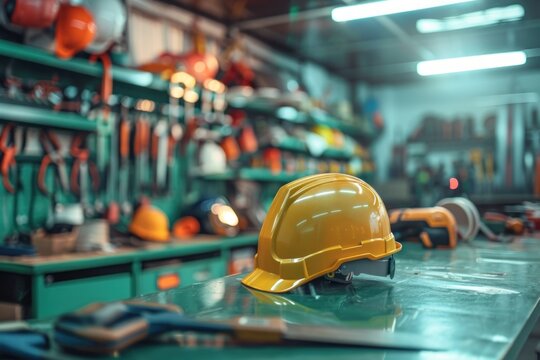 A yellow hard hat sits on a table in a cluttered workshop. The space is filled with various tools and equipment. Concept of international workers' day