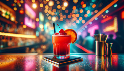 Singapore Sling cocktail on a modern bar top with a bokeh background
