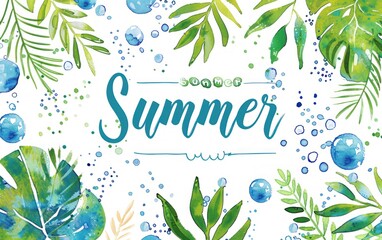 Funny summer watercolor hibiscus plants and polka dots background. AI generated image