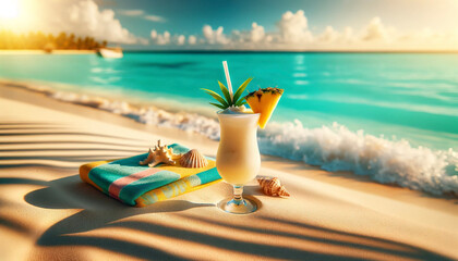 Pina Colada cocktail on a sandy beach - obrazy, fototapety, plakaty