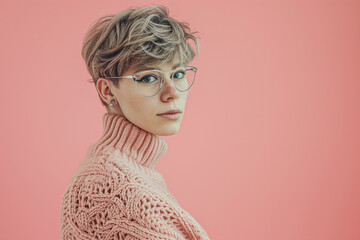 Young Woman in Pink Sweater with Round Glasses on Pastel Background