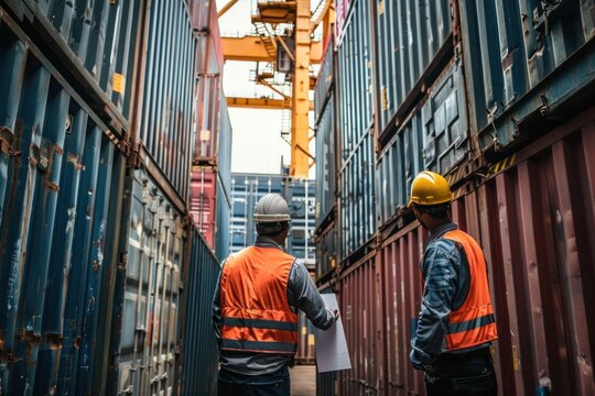 Two men in orange vests are standing in a warehouse, looking at a piece of paper. Concept of international workers' day