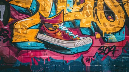Graffiti wall adorned with spray-painted designs of graduation caps, crowns, sneakers, and numerical figures
