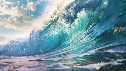 Beautiful view of the huge breaking wave of the sea. AI generated image - obrazy, fototapety, plakaty